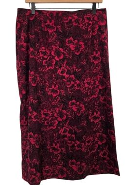 Notations XL Red Black Floral Midi Skirt Stretch Waist A-Line Womens